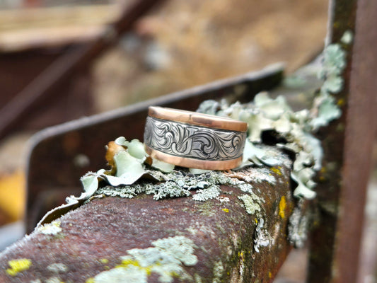 The Josephina: Tapered Chunky White and Rose Gold Women's Western Wedding Band, Custom Engraved Initial, Hand-Engraved Cowboy Wedding Ring, Men's Engraved Wedding Band, 10mm Wedding Band for Her, Two-tone Chunky Women's Band