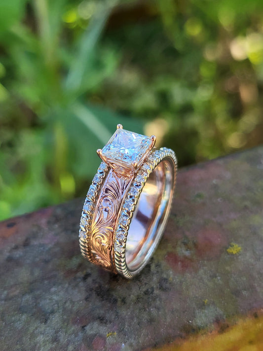 The Kinsley: Rope and Diamond Edge Engagement Ring with Hand-Engraved Center, Western Engagement Ring, Cowgirl Ring, Rose Gold Scrollwork Engagement Ring for Cowgirls