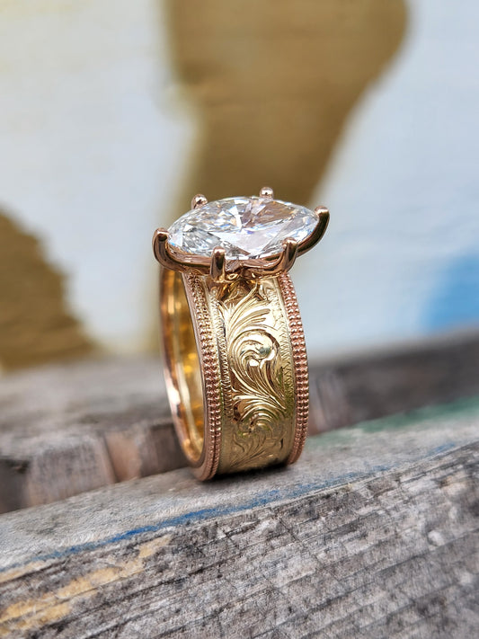 The Louisa: Wide 2ct. Two-Tone Rose and Yellow Gold Hand-Engraved Western Engagement Ring, Unique Cowgirl Ring, Western Engagement Ring for Her, Rose Gold and Yellow Gold Engagement