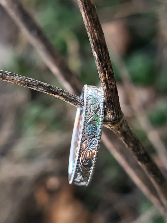 The Naia: 10K White Gold and Alexandrite Ring, Women's Western Wedding Band, Hand-Engraved Cowgirl Wedding Ring, Western Wedding Ring, Alexandrite Wedding Band