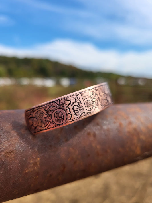 Custom Name Hand-Engraved Copper Scrollwork Bracelet, Cuff Style Copper Bracelet, Cowboy Christmas Gifts, Western Gifts, Copper Cuff