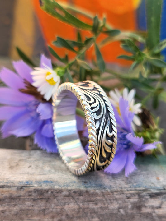 The Johnny: 7mm White Gold/Platinum/Sterling Silver Band, Western Wedding Band, Cowboy Wedding Ring, Sculptural Western Wedding Ring, Rope Edge Band