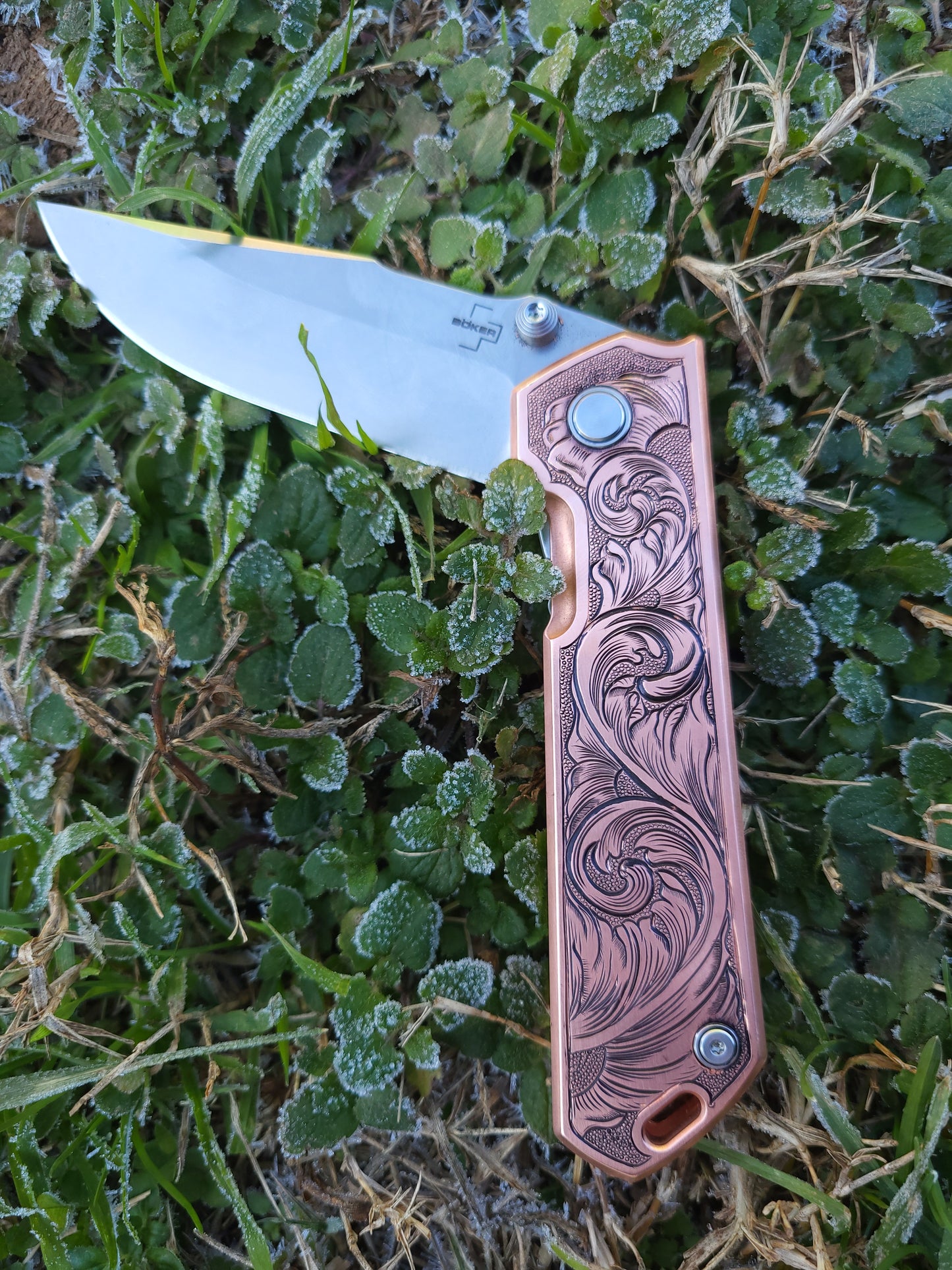 Scrollwork Hand-Engraved Copper Boker Pocket Knife, Western Gifts for Him, Cowboy Gifts, Hand-Engraved Knife, Hand Tooled Knife