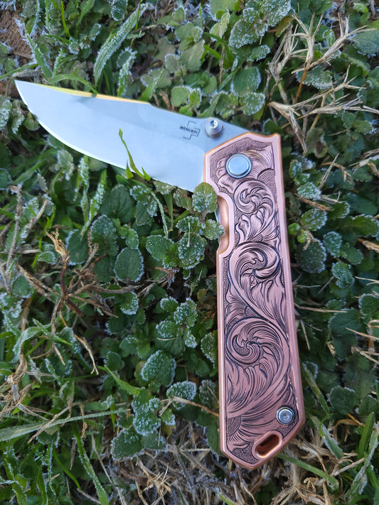 Scrollwork Hand-Engraved Copper Boker Pocket Knife, Western Gifts for Him, Cowboy Gifts, Hand-Engraved Knife, Hand Tooled Knife