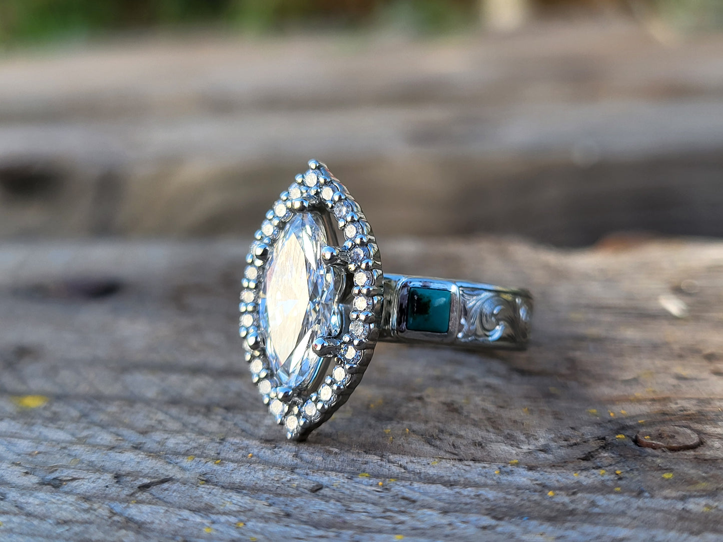 The Sorelle: 2ct+ Marquise Moissanite or Lab Diamond Engagement Ring, Bright Turquoise Accents, Western Engagement Ring with Halo, Cowgirl Engagement Ring