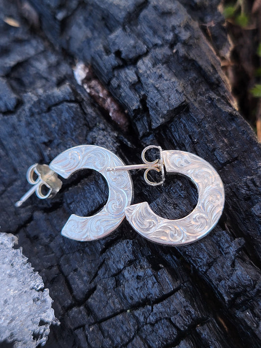 Playful: Multi-Dimentional Round Hand-Engraved Hoop Earrings, Western Tooled Earrings, Hand-Engraved Scrollwork Earrings, Round Western Earrings, Cowgirl Wedding Jewelry, Everyday Western Jewelry