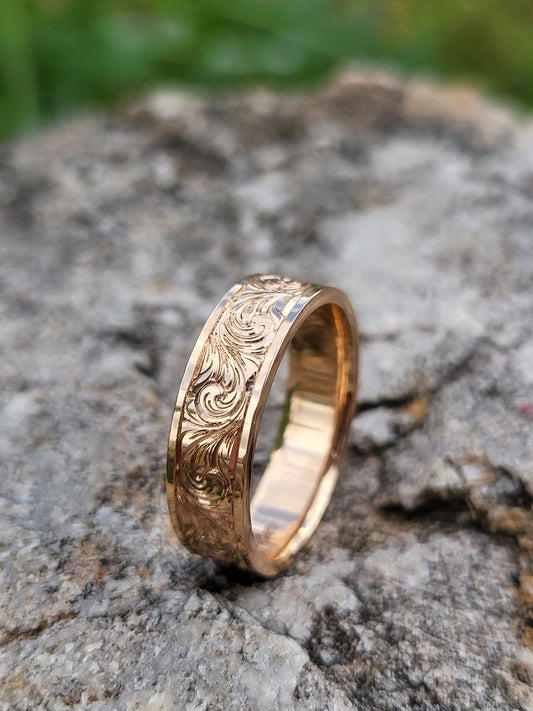 The Wilder: 6mm Rose Gold Band, 10K, 14K or 18K Gold Western Wedding Band, Cowgirl or Cowboy Wedding Ring, Hand-Engraved Scrollwork Ring