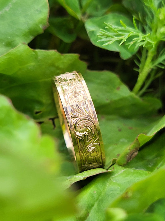 IMMEDIATE SHIP SZ. 8 Wilder in 10K: 6mm Rose Gold Band, Western Wedding Band, Cowgirl or Cowboy Wedding Ring, Hand-Engraved Scrollwork Ring
