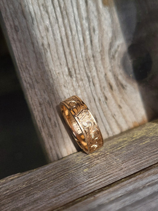 IMMEDIATE SHIP Wilder, 10K Sz. 8.5: 6mm Rose Gold Band, Gold Western Wedding Band, Cowgirl or Cowboy Wedding Ring, Hand-Engraved Scrollwork Ring
