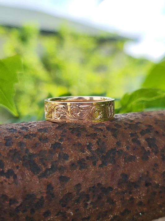 IMMEDIATE SHIP Wilder, 10K Sz. 8.5: 6mm Rose Gold Band, Gold Western Wedding Band, Cowgirl or Cowboy Wedding Ring, Hand-Engraved Scrollwork Ring
