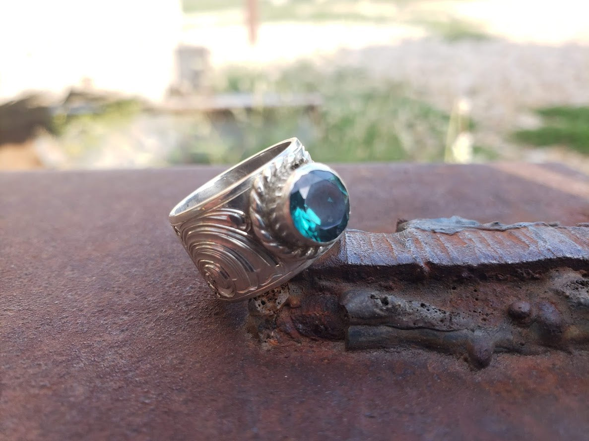 Sterling Silver Engraved Ring with Blue Topaz Stone, Gift For Her by Loreena Rose