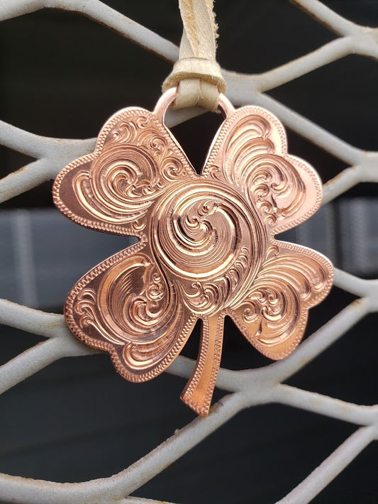 Copper 4-Leaf Clover, Hand Engraved Shamrock Necklace, Western Pendant, Personalized Design by Loreena Rose