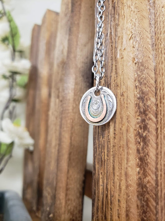 Sterling Silver Pendant with Copper Horseshoe Overlay, Engraved Western Pendant, Gift for Her, Cowgirl gifts, Western Necklace, Horseshoe jewelry