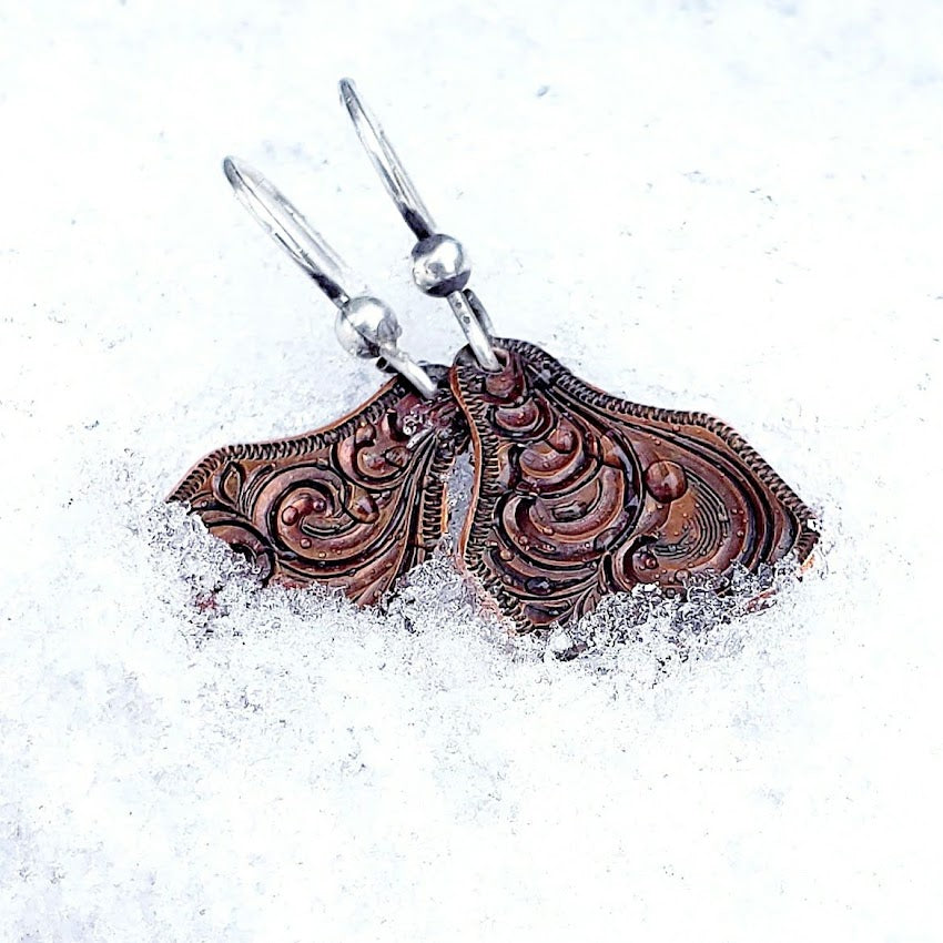 Copper Engraved Cow Tag Earrings, Western Earring Design EAR00004 by Loreena Rose