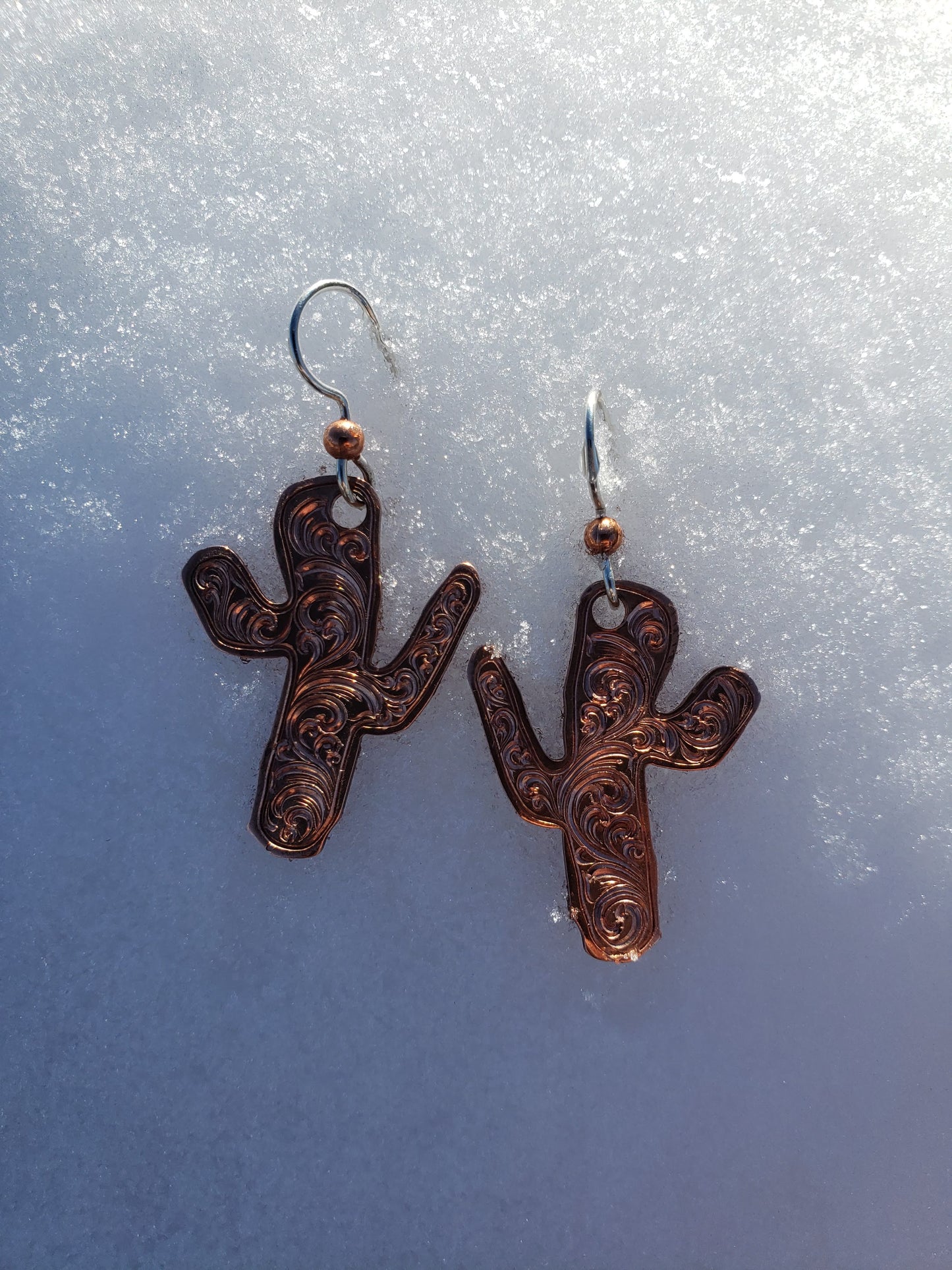 Cactus inspired Copper Engraved Hand Engraved Earrings, Metal Fashion, Western Bright Cut,  Gifts for Her