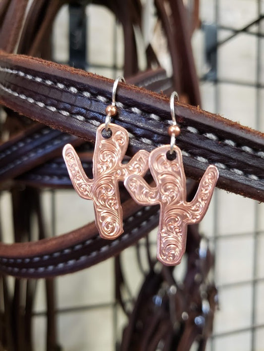 Cactus inspired Copper Engraved Hand Engraved Earrings, Metal Fashion, Western Bright Cut,  Gifts for Her