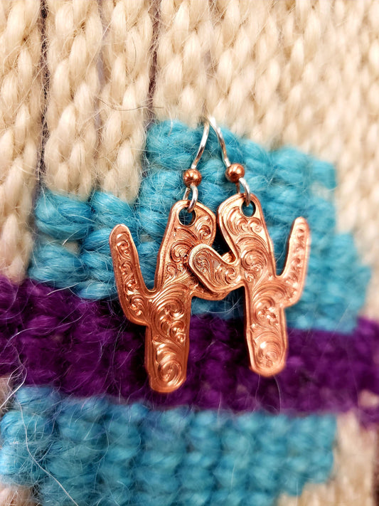 Cactus inspired Copper Engraved Hand Engraved Earrings, Metal Fashion, Western Bright Cut,  Gifts for Her