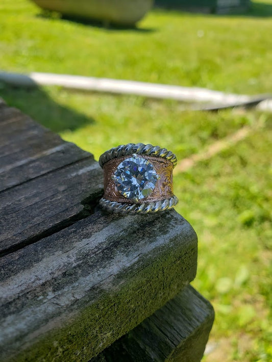 The Jane, Engagement Ring, Copper Hand Engraved Round Western Wedding Ring, Anniversary Gift For Her, Bridal Jewelry