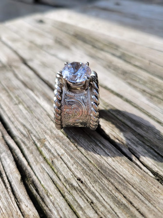 Sterling Silver Engagement Ring, Hand Engraved Western Wedding Ring, Anniversary Gift For Her, Bridal Jewelry