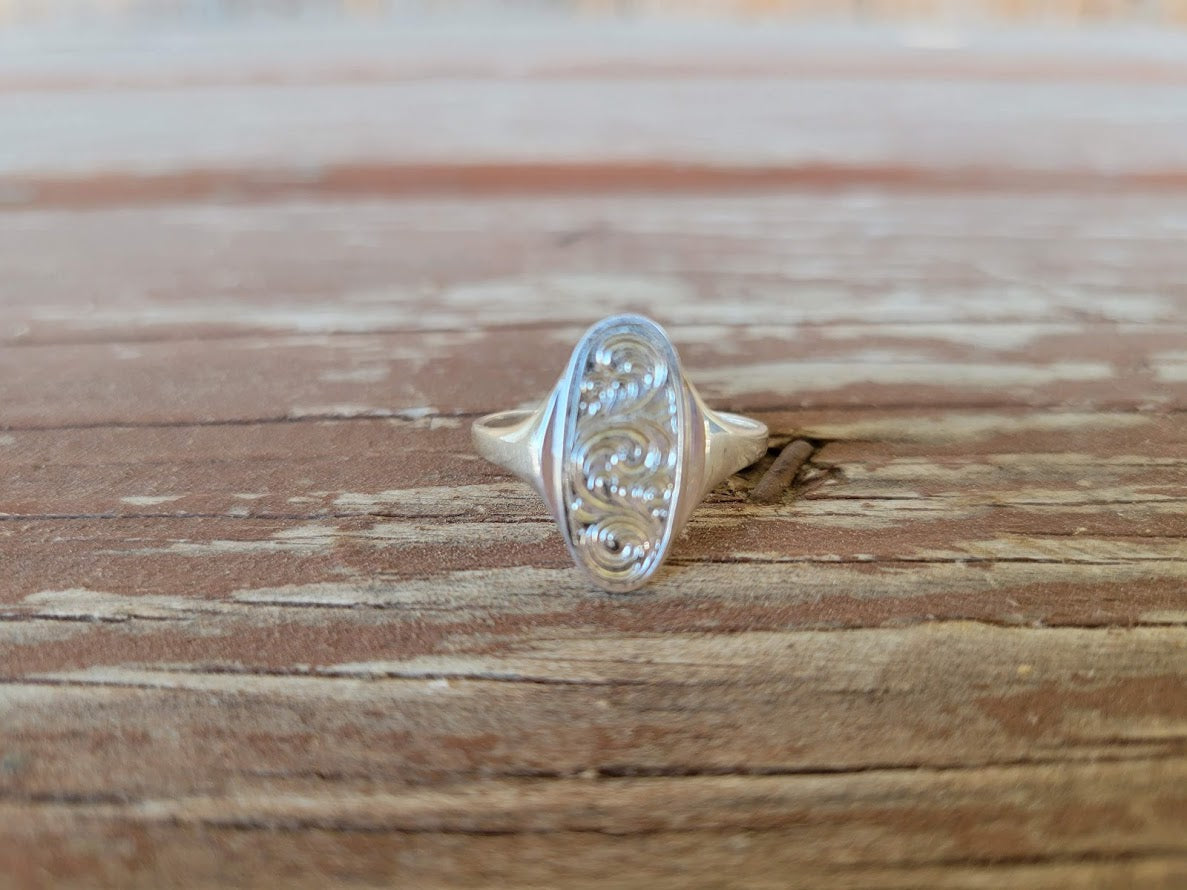 Sterling Silver Oval Ring, Hand Engraved, Gift for Her