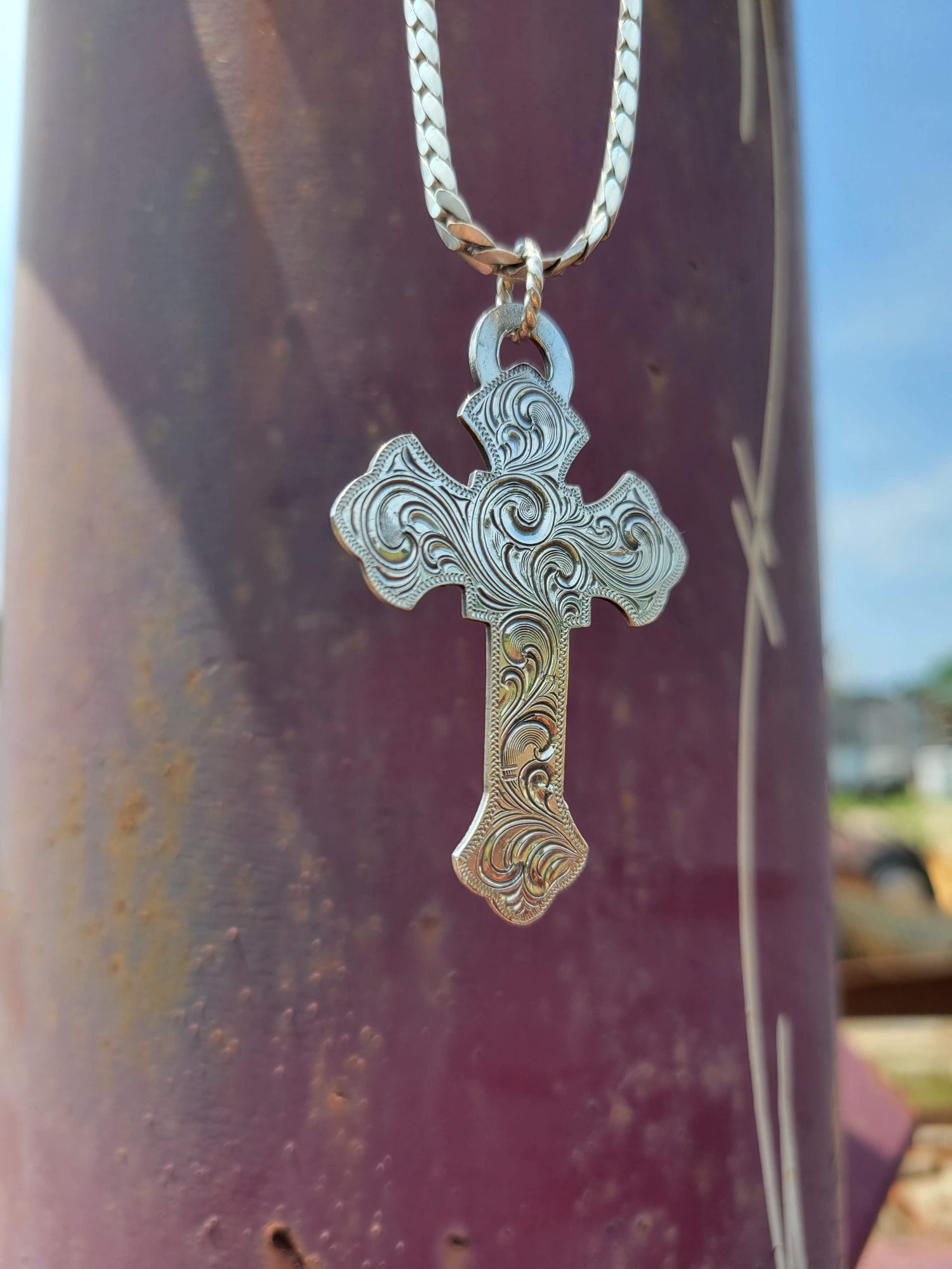 Hand Engraved Cross Necklace in 14k Yellow Gold