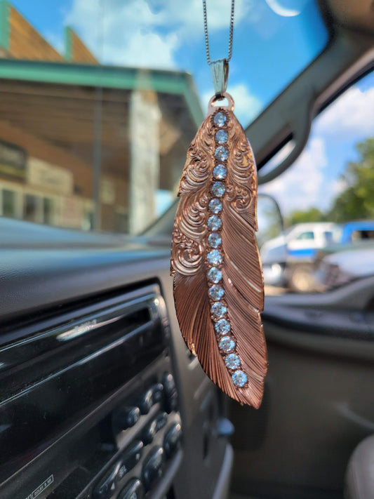 Copper Feather Necklace, Hand Engraved Pendant with CZ settings