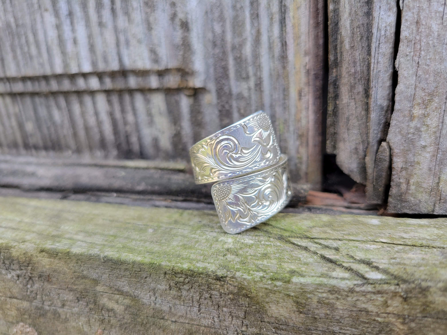 Sterling Silver Wrap Around Ring, Hand Engraved Sterling Silver, Gifts for Her