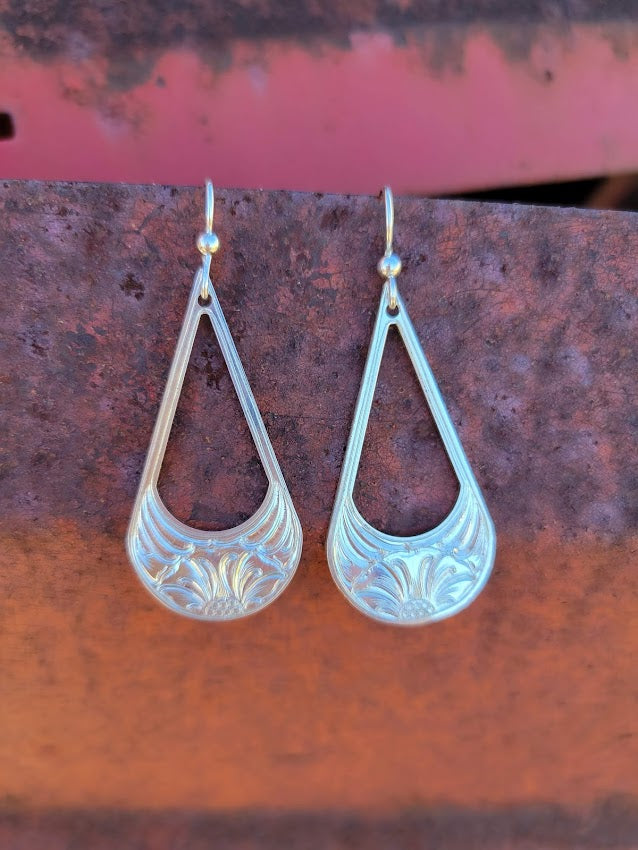 Sterling Silver Floral Engraved Drop Earrings, Western Bright Cut, Metal Fashion, Negative Space, Gifts for Her
