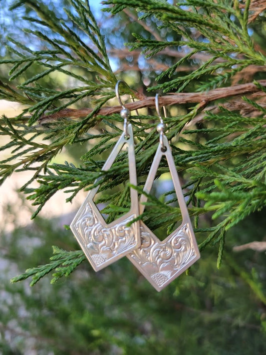 Sterling Silver Engraved Geometric Floral Drop Earrings, Western Bright Cut, Metal Fashion, Negative Space, Gifts for Her