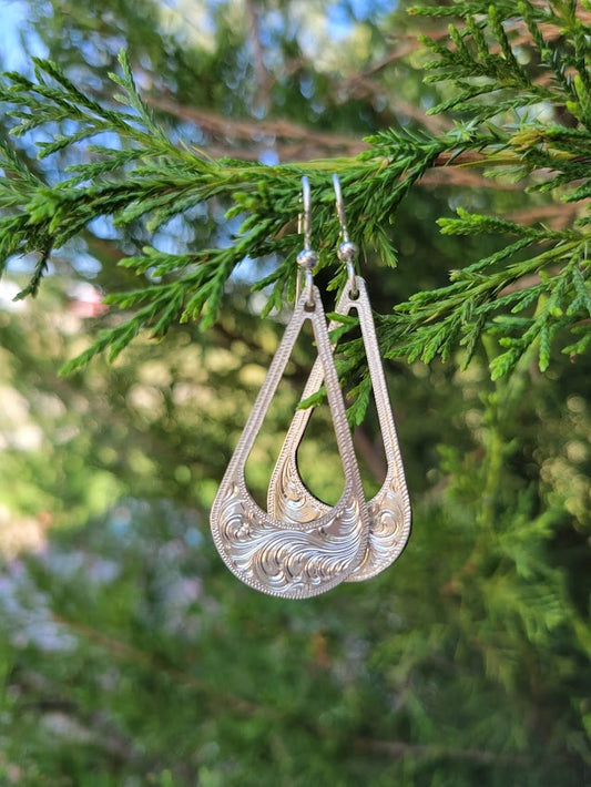 Sterling Silver Engraved Drop Earrings, Western Bright Cut, Metal Fashion, Negative Space, Gifts for Her