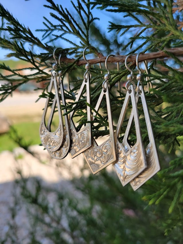 Sterling Silver Engraved Geometric Floral Drop Earrings, Western Bright Cut, Metal Fashion, Negative Space, Gifts for Her