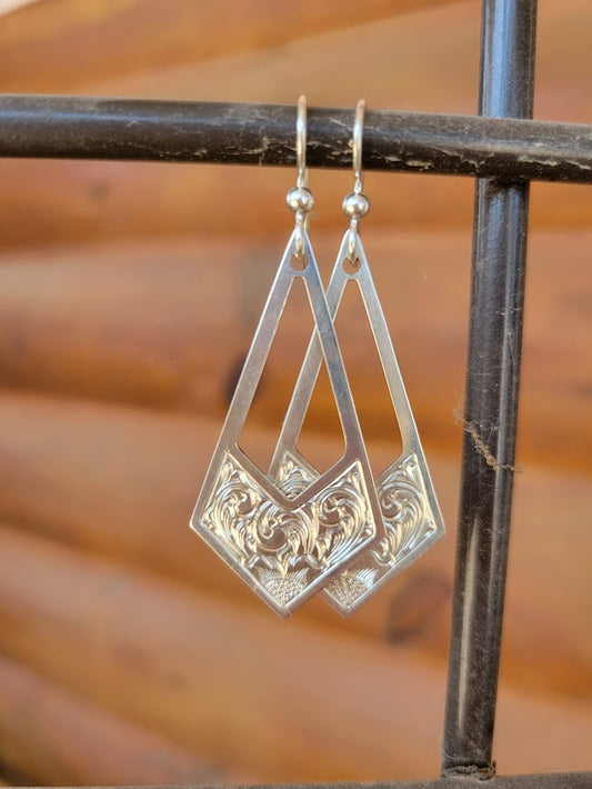 Sterling Silver Engraved Geometric Floral Drop Earrings, Western Bright Cut, Metal Fashion, Negative Space, Gifts for Her