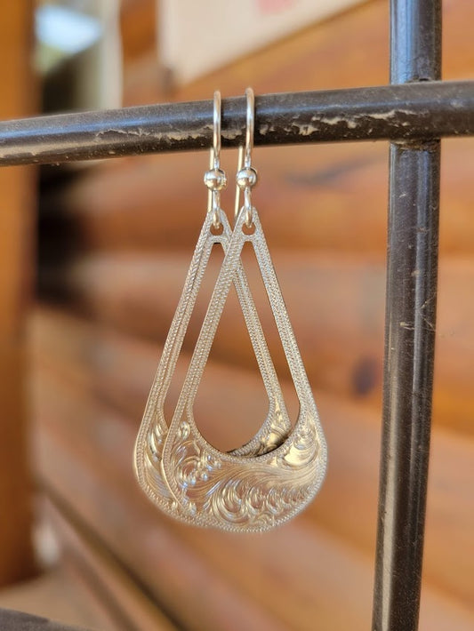 Sterling Silver Engraved Drop Earrings, Western Bright Cut, Metal Fashion, Negative Space, Gifts for Her