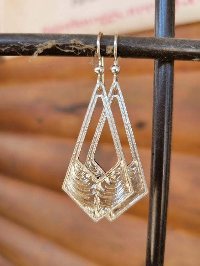 Sterling Silver Engraved Geometric Drop Earrings, Western Bright Cut, Metal Fashion, Negative Space, Gifts for Her
