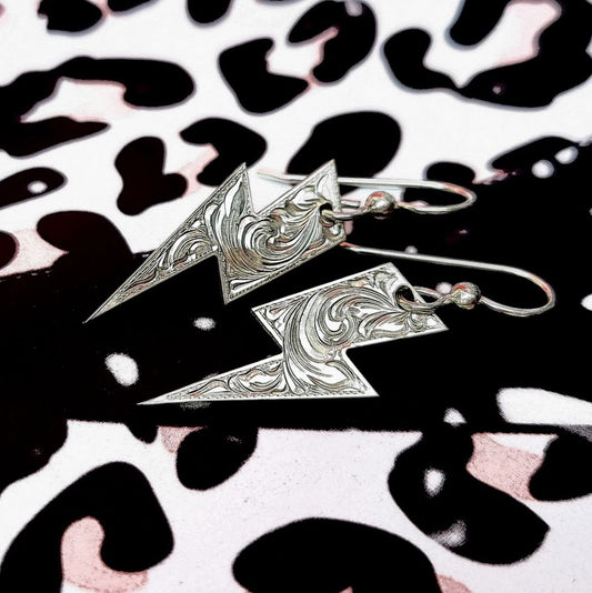 Lightning Bolt inspired Sterling Silver Hand Engraved Earrings, Metal Fashion, Western Bright Cut,  Gifts for Her