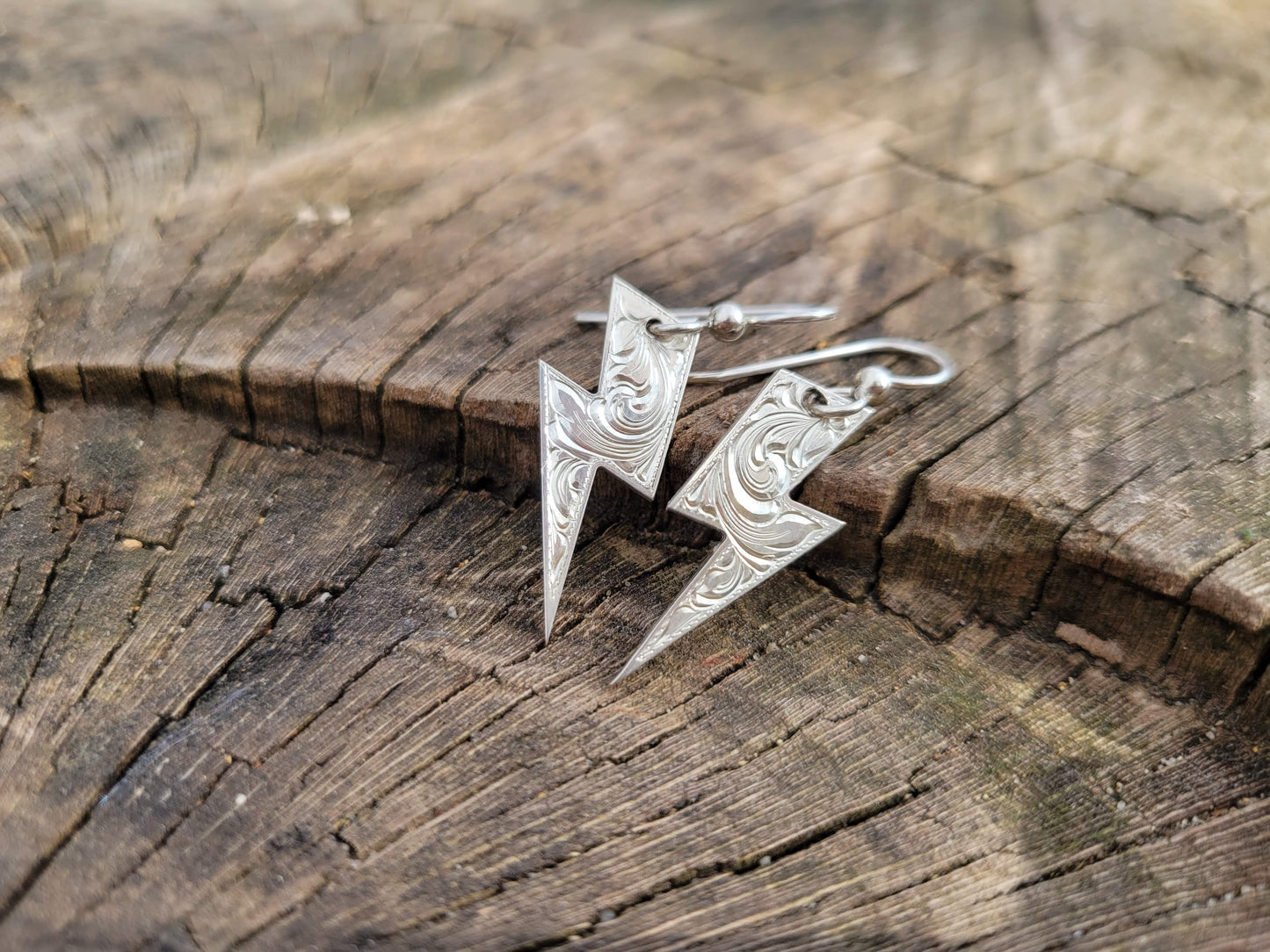 Lightning Bolt inspired Sterling Silver Hand Engraved Earrings, Metal Fashion, Western Bright Cut,  Gifts for Her