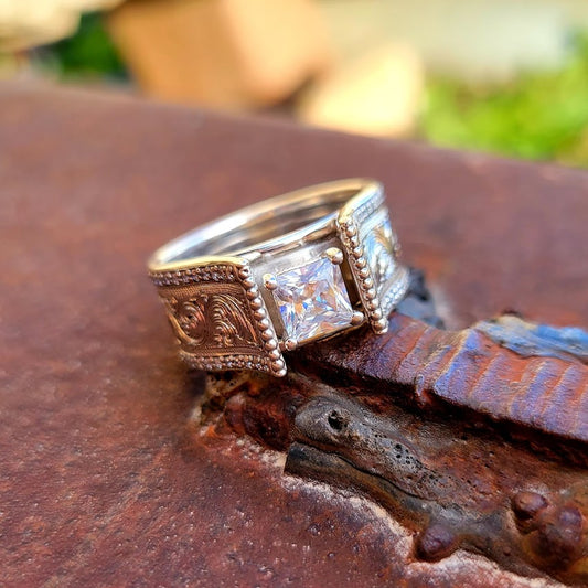Sterling Silver Hand Engraved Cathedral Western Princess Cut Engagement Ring, Square Wedding ring, Bridal, Anniversary Gift For Her, Design by Loreena Rose