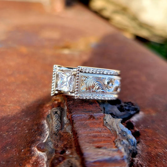 Sterling Silver Hand Engraved Cathedral Western Princess Cut Engagement Ring, Square Wedding ring, Bridal, Anniversary Gift For Her, Design by Loreena Rose