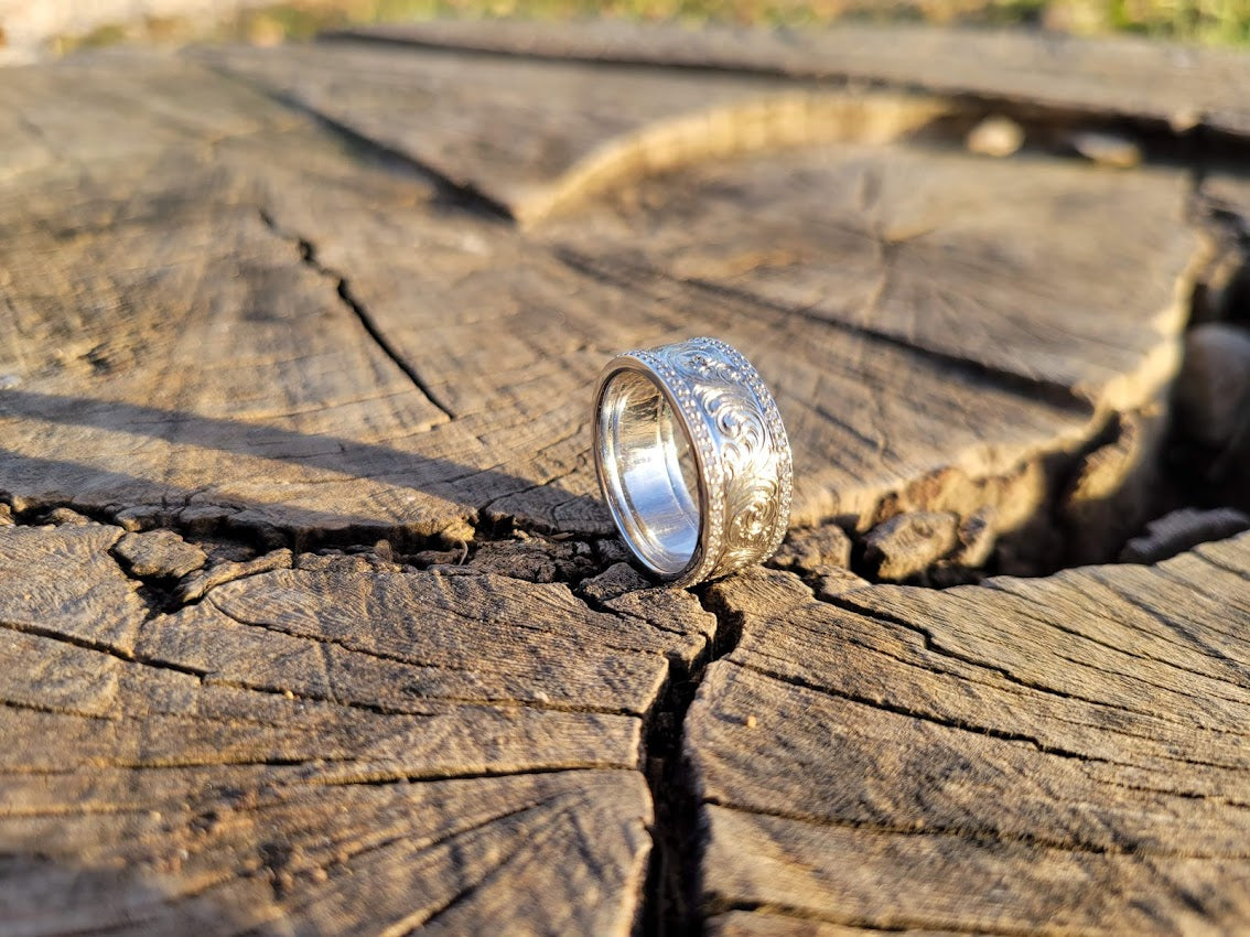 Sterling Silver Wedding Band with Channel Set CZ's, Western Hand Engraved Ring