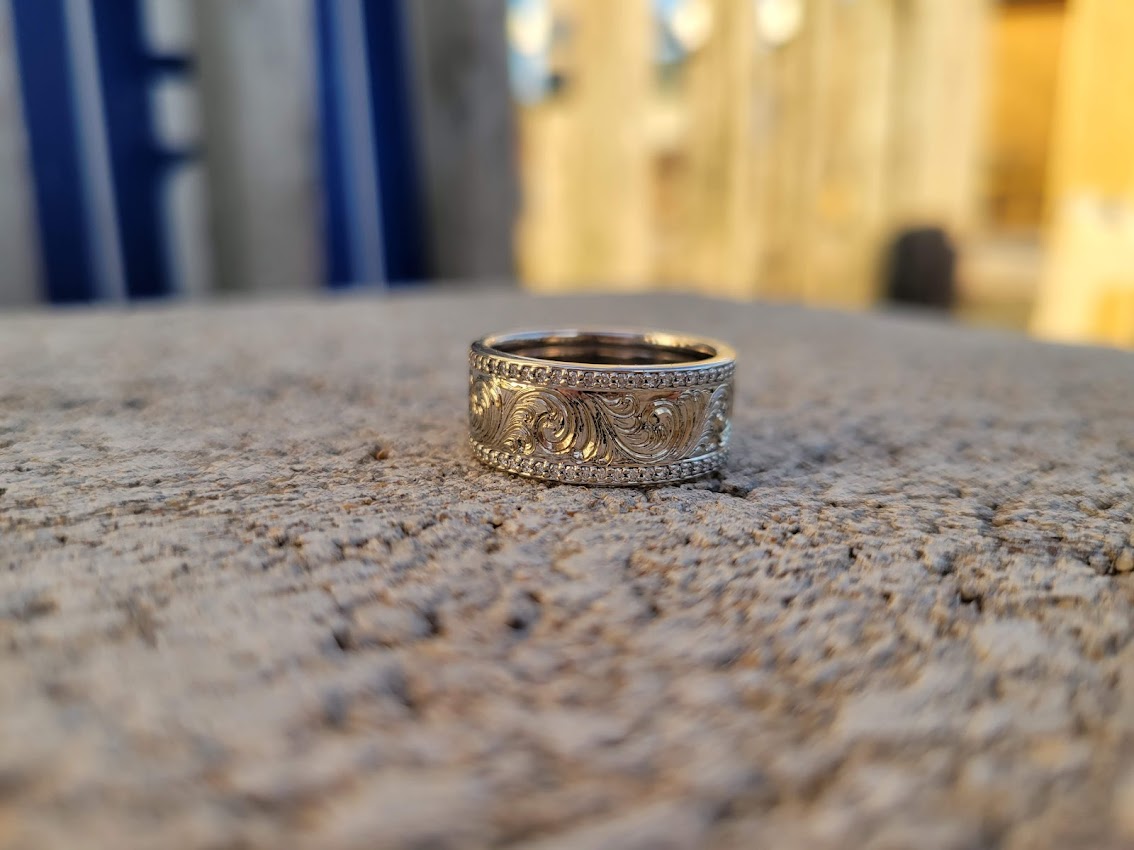 Sterling Silver Wedding Band with Channel Set CZ's, Western Hand Engraved Ring