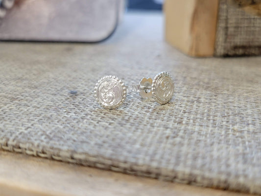 Hand Engraved Rope Earring Studs, Sterling Silver Earrings, Western Brightcut, Gifts for Her