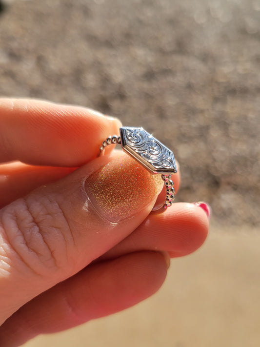 The Kacia: Hand Engraved Sterling silver, 14K white gold, or platinum trapezoid ring with bead edge, Western Jewely, Cowgirl Gifts, geometric western jewelry