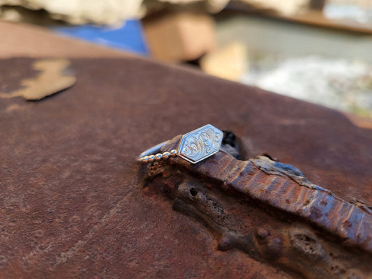 The Kacia: Hand Engraved Sterling silver, 14K white gold, or platinum trapezoid ring with bead edge, Western Jewely, Cowgirl Gifts, geometric western jewelry