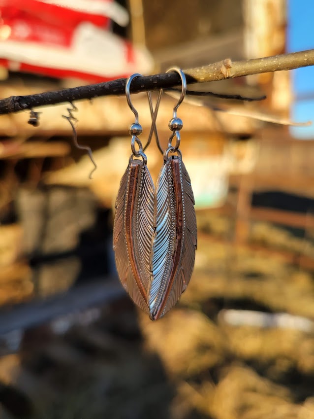 Sterling Silver Feather Earrings with a copper center shaft, Gift for her,
