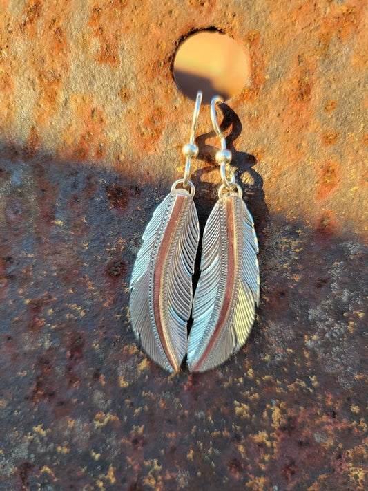 Sterling Silver Feather Earrings with a copper center shaft, Gift for her,