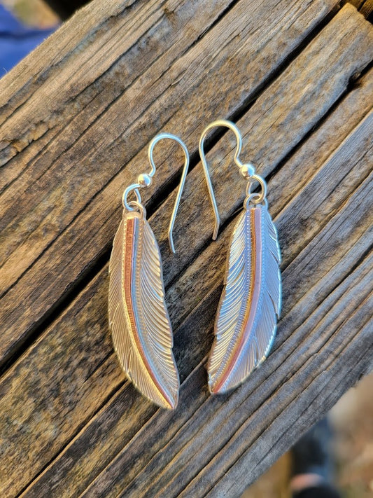 Sterling Silver Feather Earrings with a copper center shaft, Gift for her,