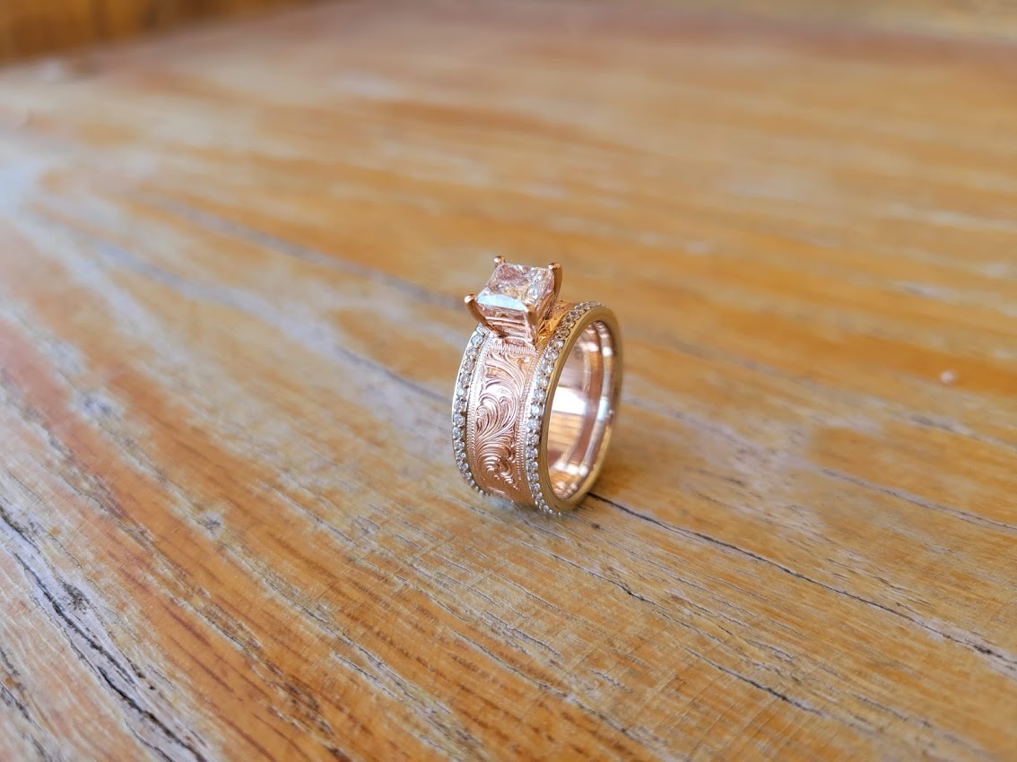 Gorgeous Rose Gold Engagement Ring, 1ct Princess Cut Diamond ring with Double Channel Sets