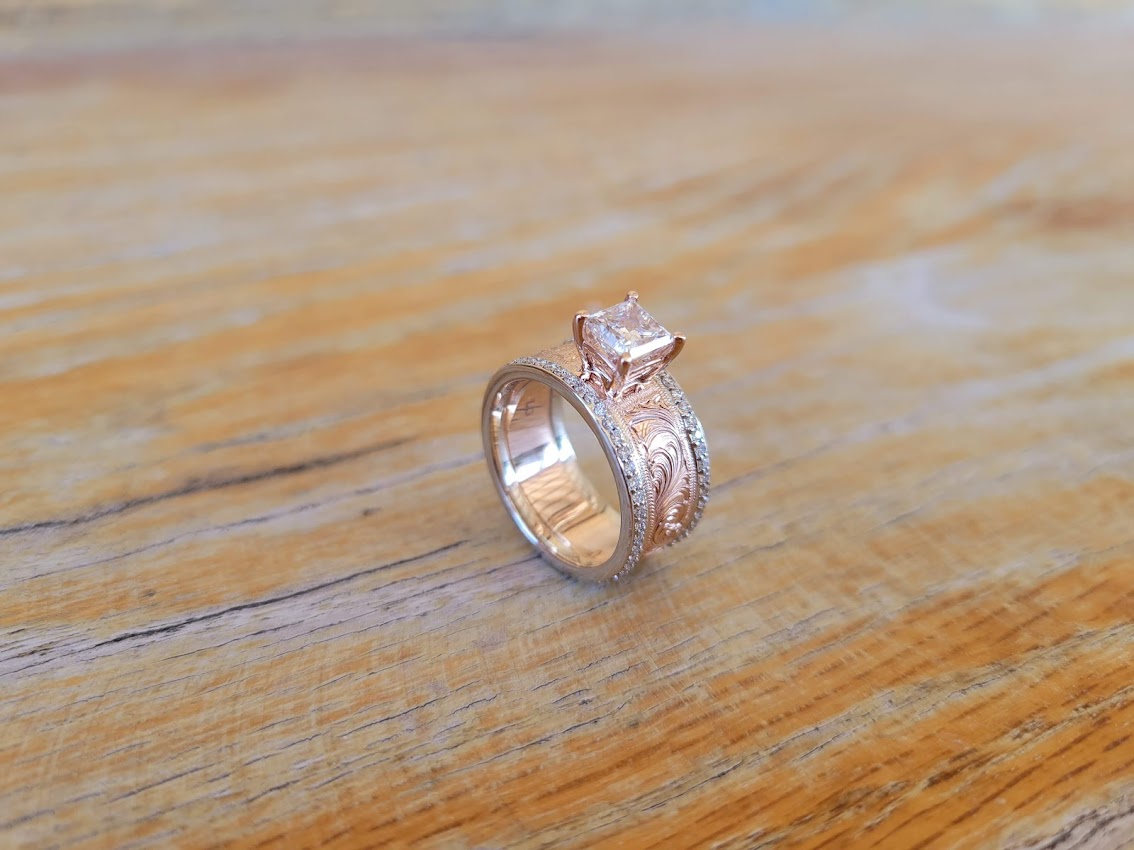 Gorgeous Rose Gold Engagement Ring, 1ct Princess Cut Diamond ring with Double Channel Sets