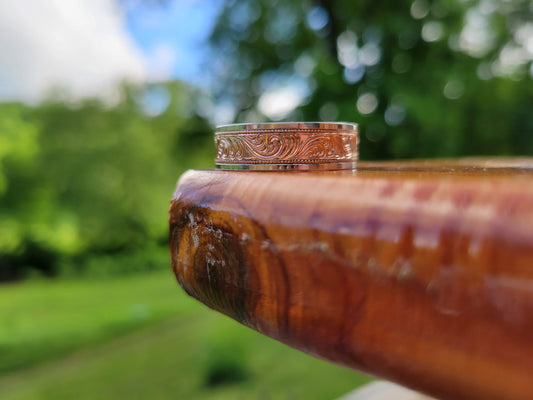 The Ryan: Men's Wedding Band, Rose Gold and White Gold Ring, Hand Engraved, Western Gift for him