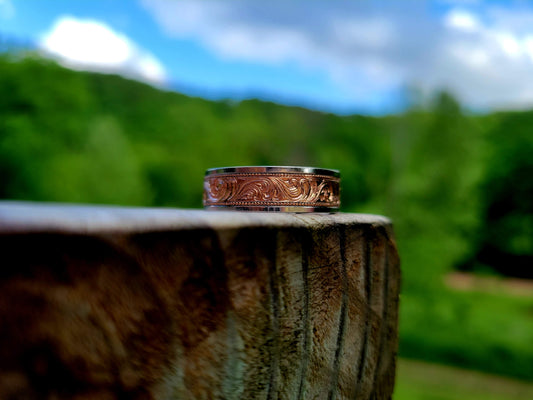 The Ryan: Men's Wedding Band, Rose or Yellow Gold and White Gold Ring, Hand Engraved, Western Gift for him